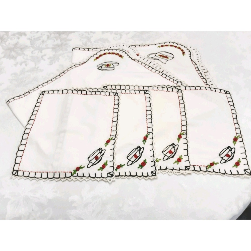 Tea Towels Table Cloth Set Hand Embroidered Tea Cup Teapot Floral Cream Crochet